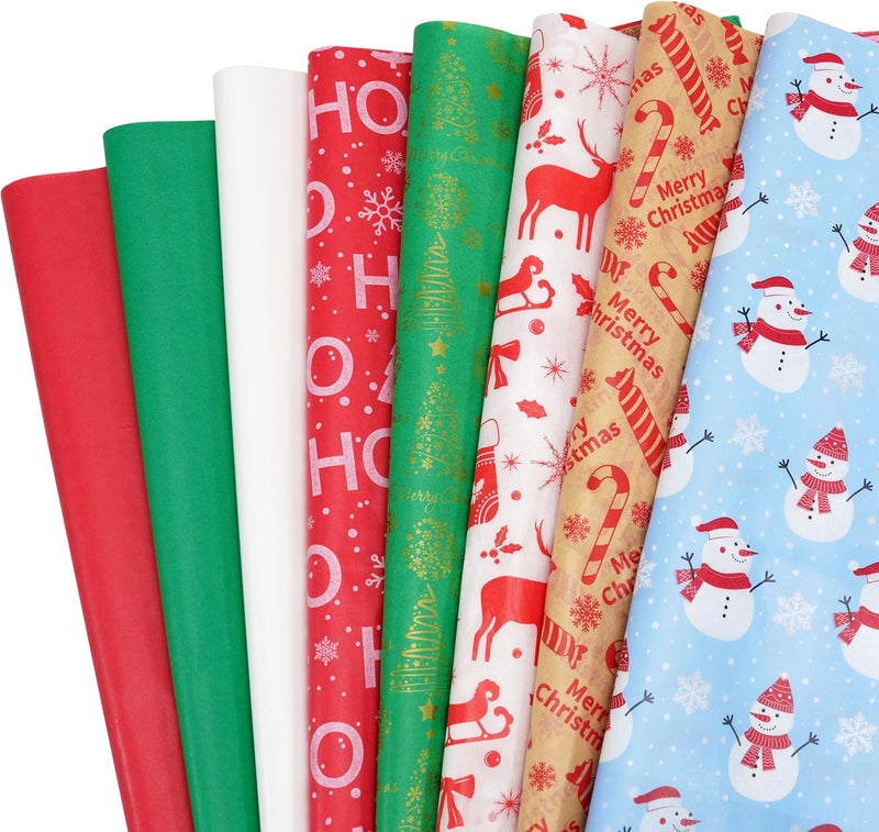 ROSYJUNE 80 Sheets Christmas Tissue Paper for Gift Bags, 20" x 20" Red Green White Wrapping Tissue Paper with 8 Different Designs for Christmas Gift Wrapping Holiday Decoration DIY Craft - Image 1